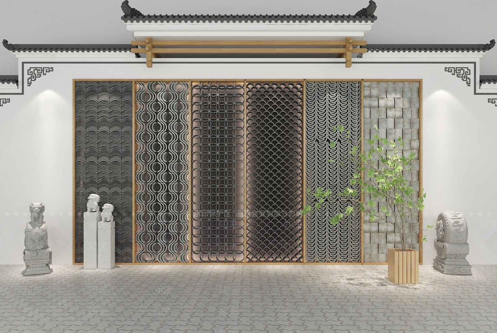 新中式瓦片背景墙3D模型下载【ID:1122616234】