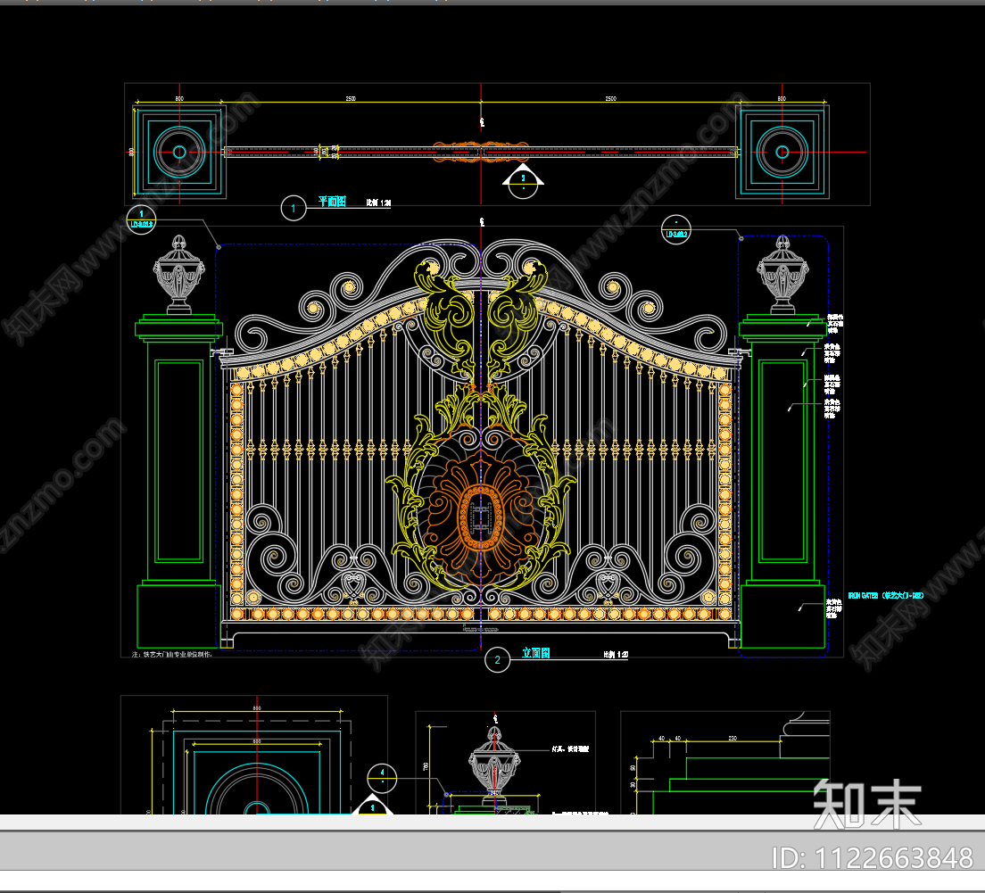 欧式铁艺大门施工图cad施工图下载【ID:1122663848】