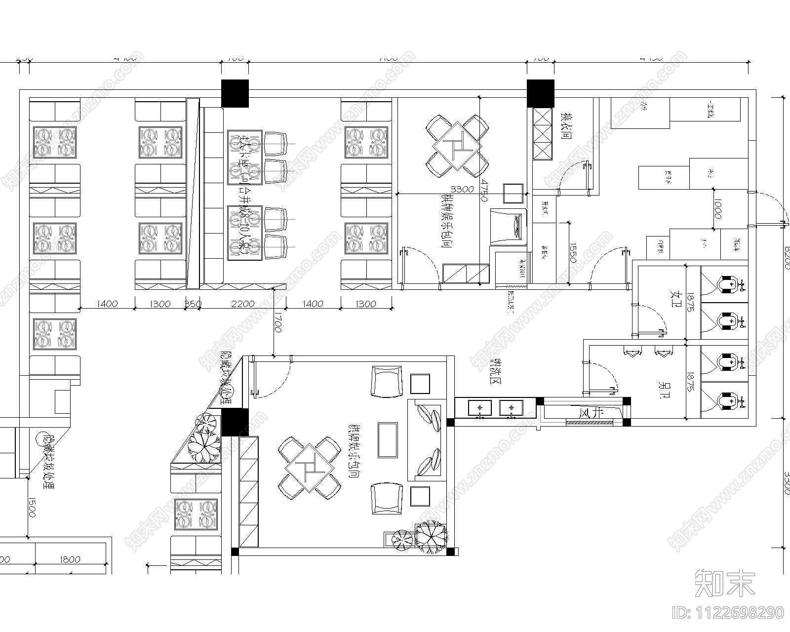 现代中餐厅平面方案cad施工图下载【ID:1122698290】