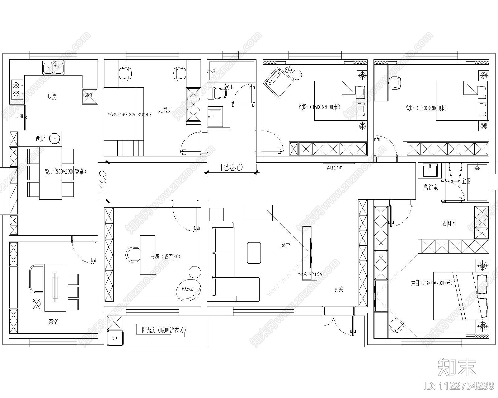 200平大平层平面图cad施工图下载【ID:1122754238】