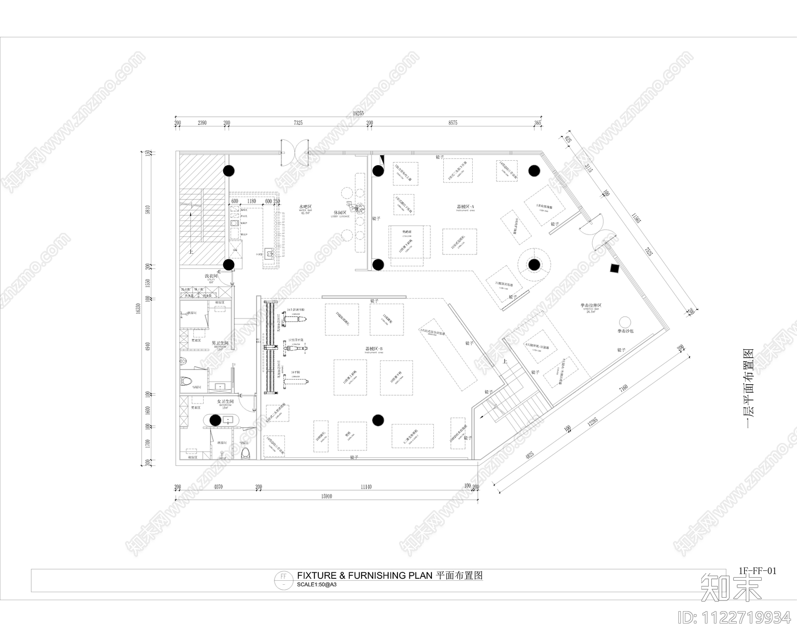 工业风现代健身房cad施工图下载【ID:1122719934】