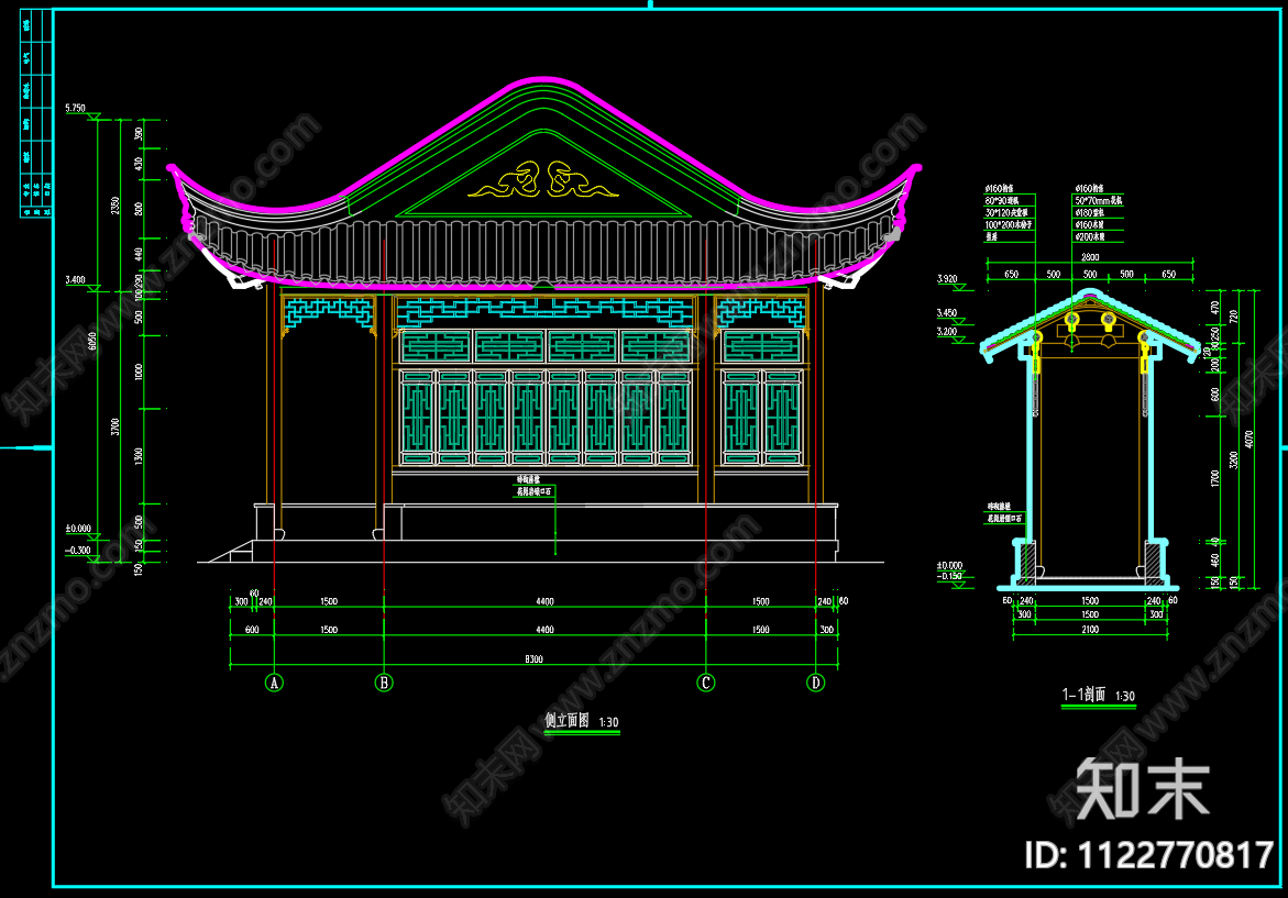 仿古苏式四面厅水榭歇山古建筑木结构建筑平面剖面立面施工图下载【ID:1122770817】