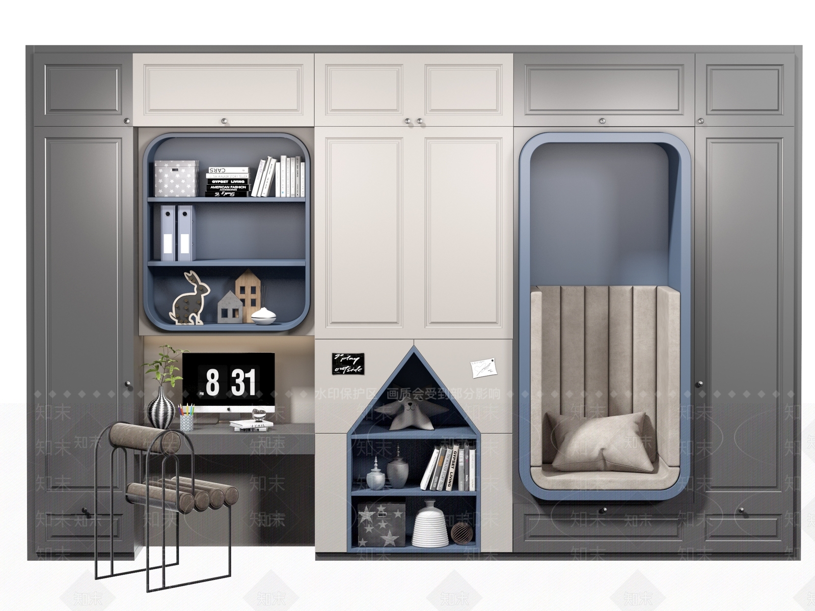现代儿童男孩房多功能衣柜3D模型下载【ID:1122825211】
