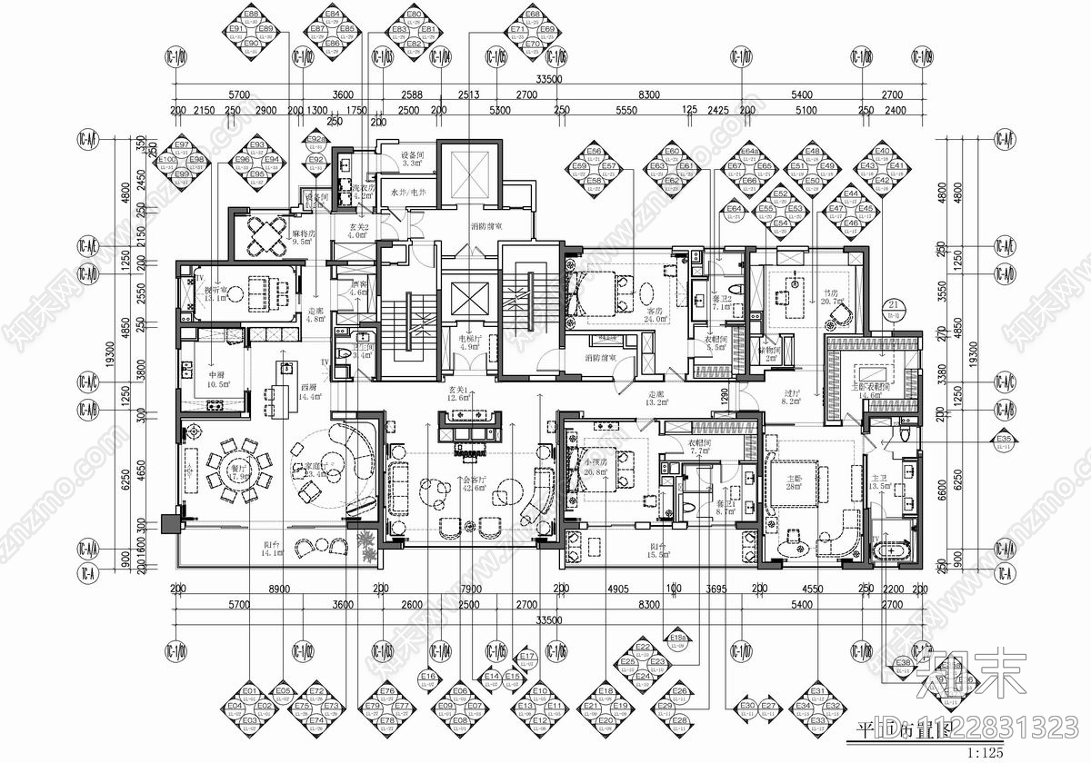 500㎡新中式大平层cad施工图下载【ID:1122831323】