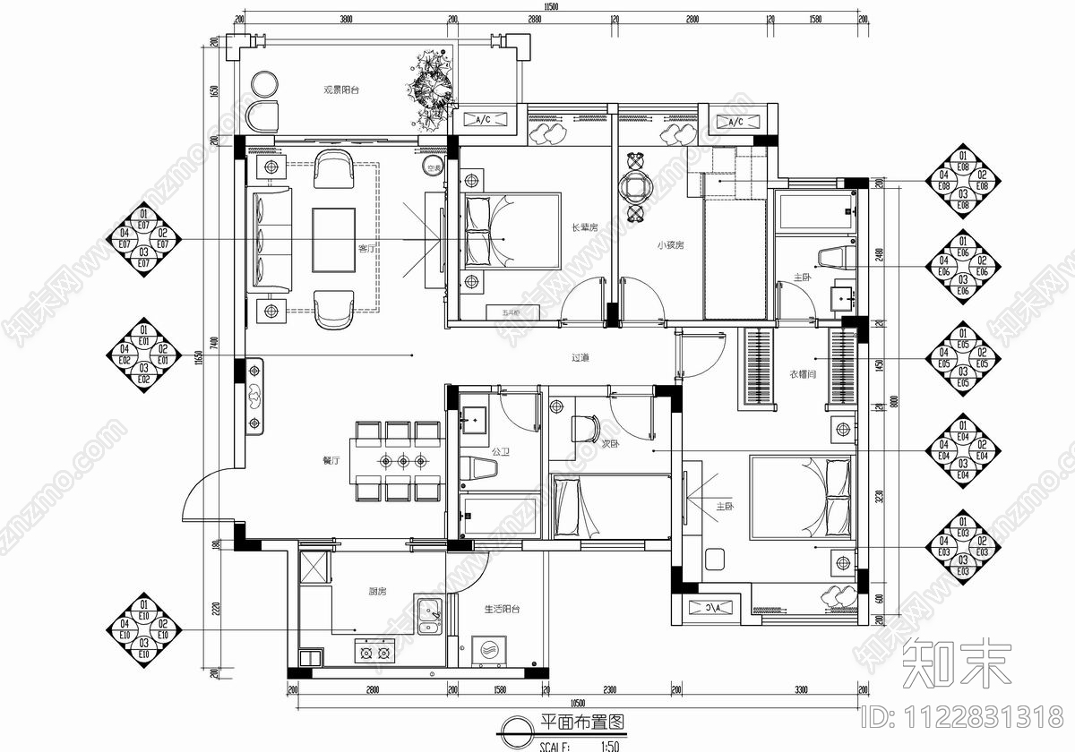 120㎡四居室新中式大平层施工图下载【ID:1122831318】