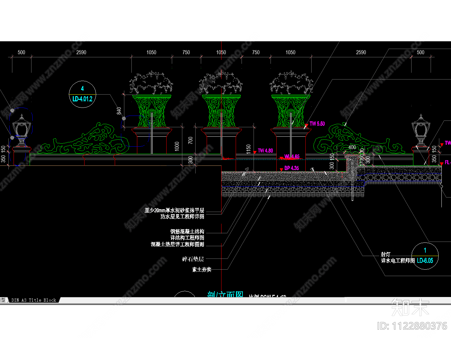 欧式花钵花柱水景cad施工图下载【ID:1122880376】