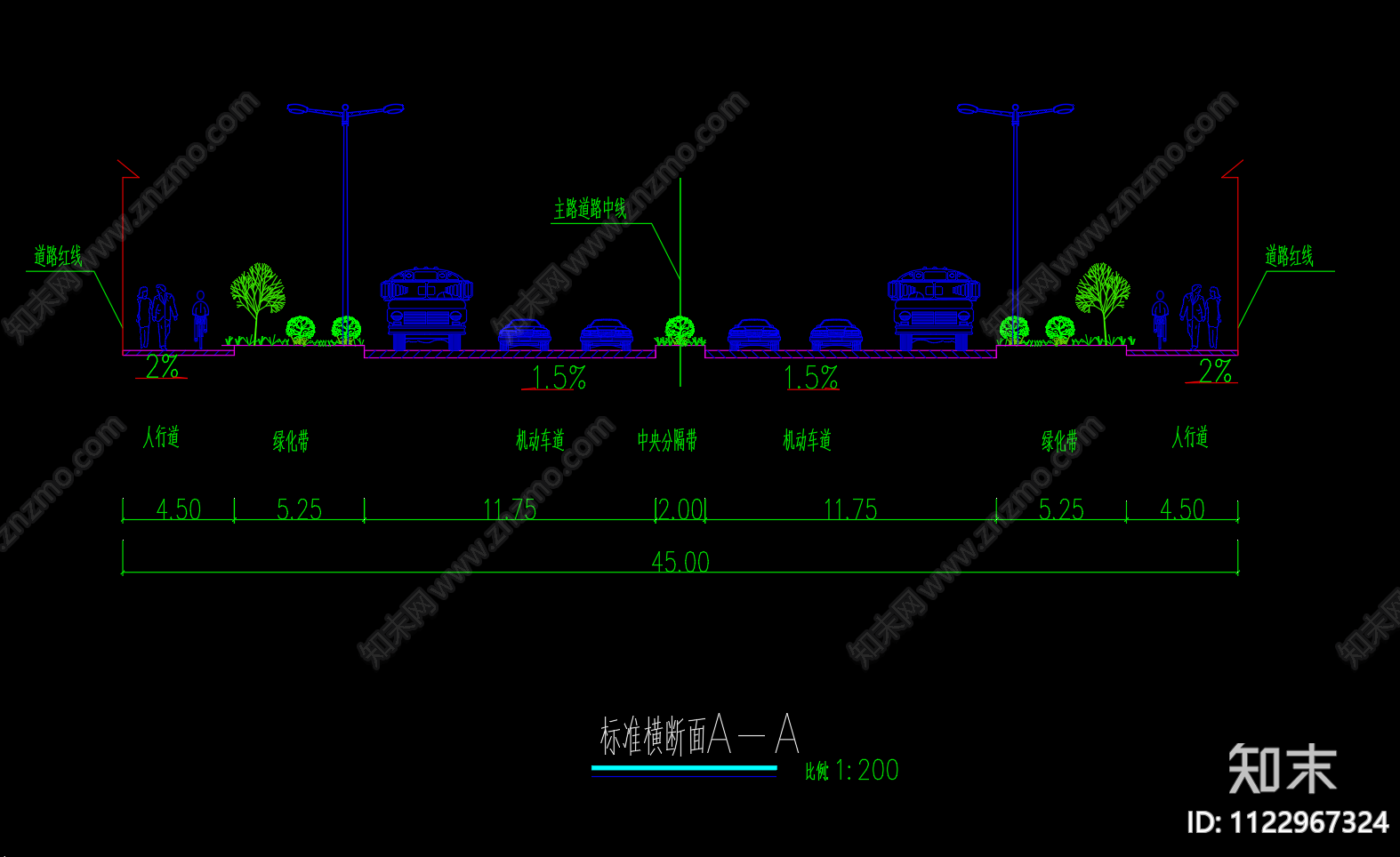 现代城市道路标准横断面图施工图下载【ID:1122967324】