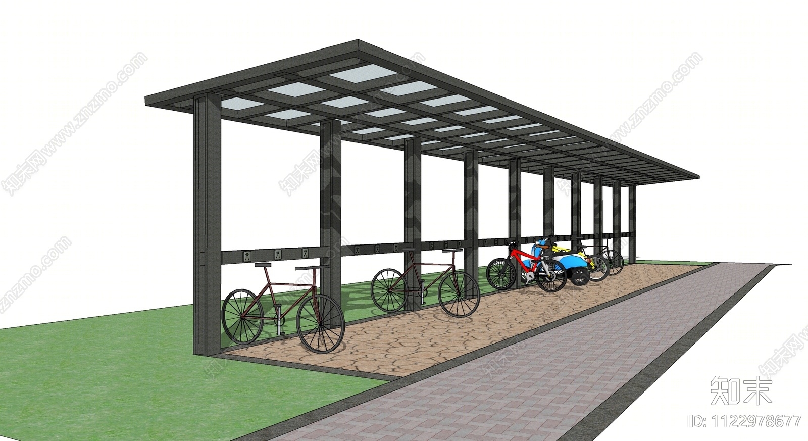 现代非机动车停车棚SU模型下载【ID:1122978677】