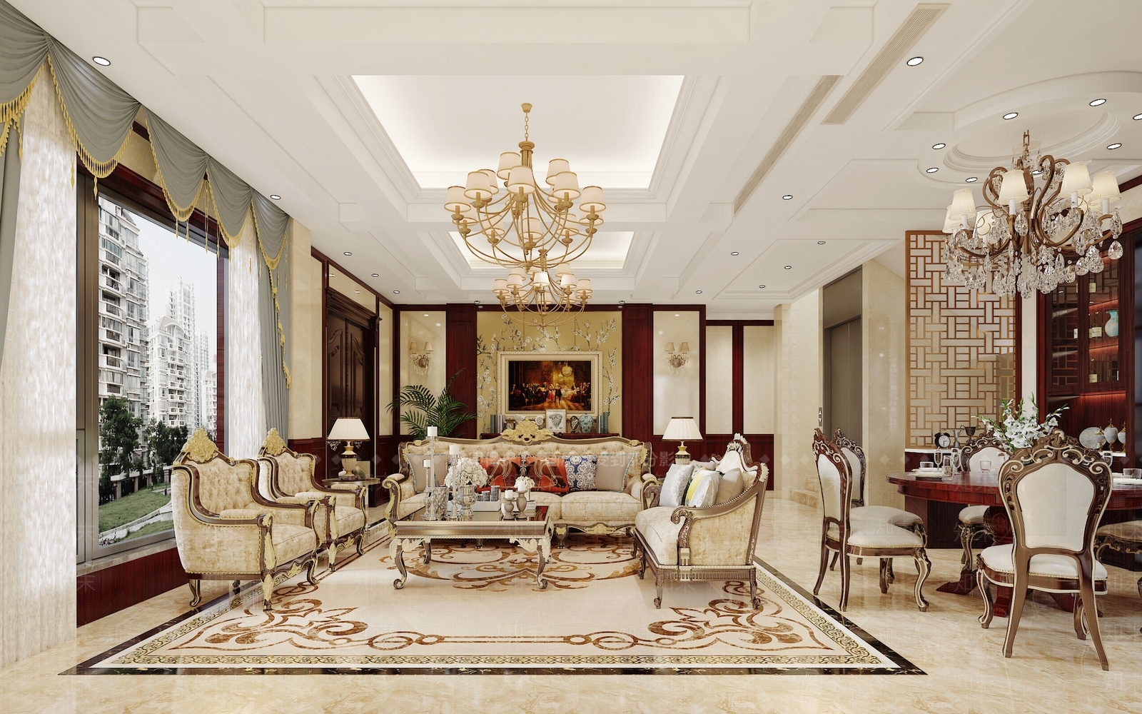 欧式古典别墅客餐厅3D模型下载【ID:1122993925】