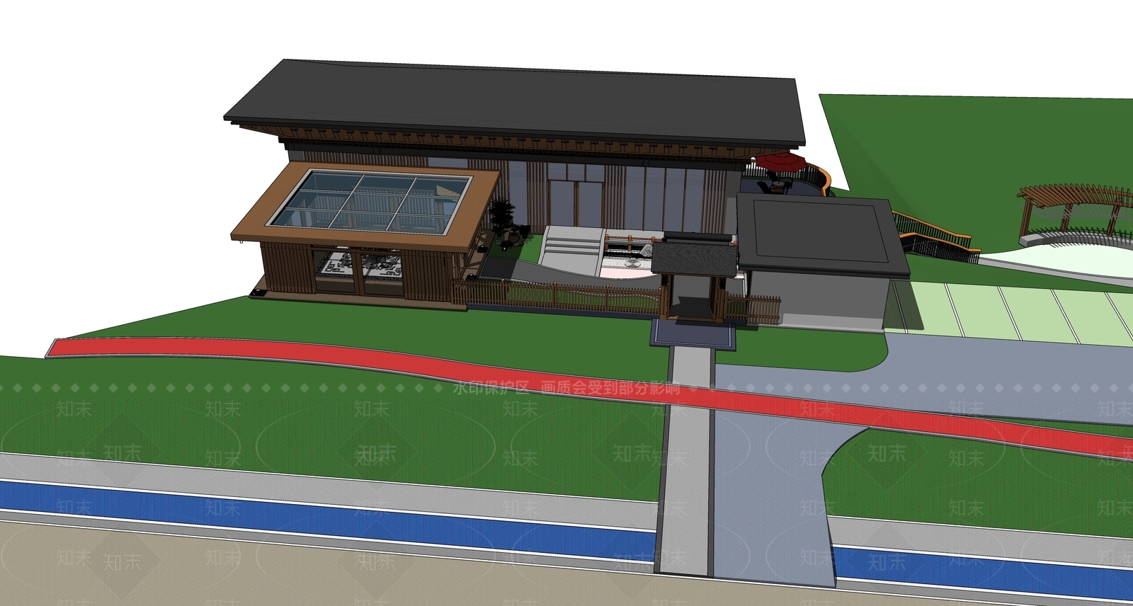 新中式民宿建筑SU模型下载【ID:1123003841】
