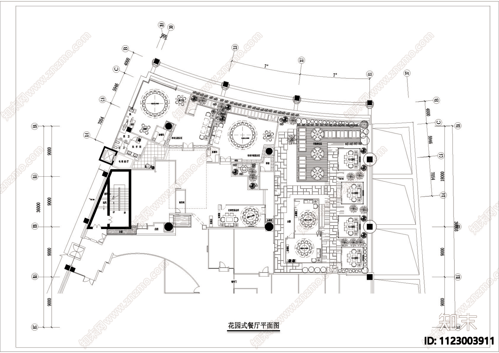 花园式餐厅装修详图cad施工图下载【ID:1123003911】