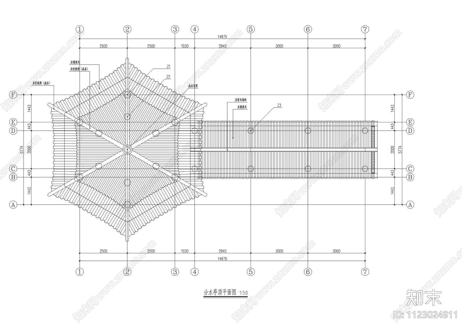 仿古建筑分水亭cad施工图下载【ID:1123024911】