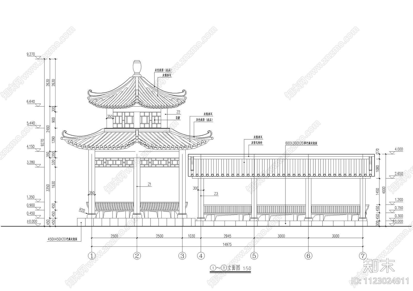 仿古建筑分水亭cad施工图下载【ID:1123024911】