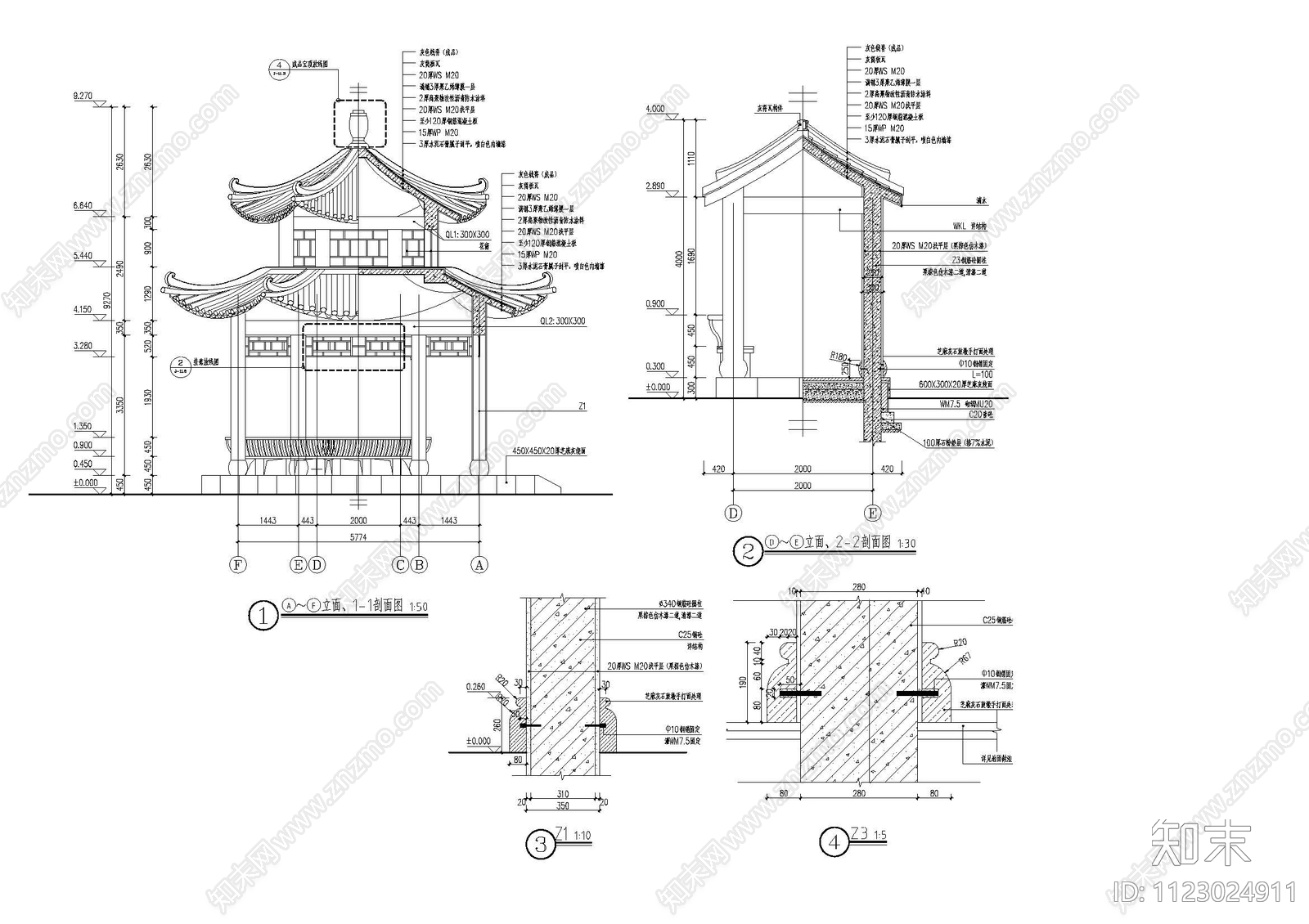 仿古建筑分水亭cad施工图下载【ID:1123024911】