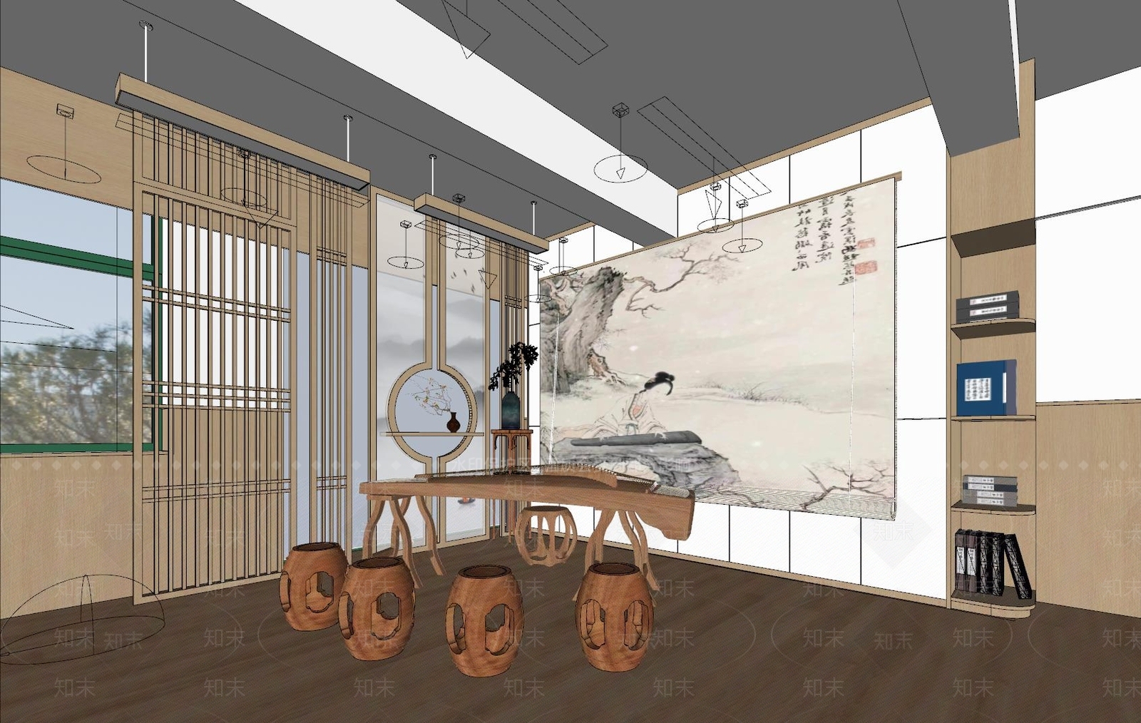 新中式家居琴房SU模型下载【ID:1123031397】