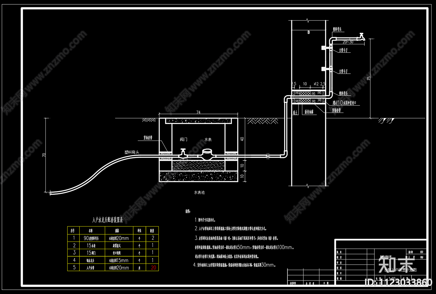 农村饮水安全工程水泵房水管入户装置示意图CAD图纸施工图下载【ID:1123033860】