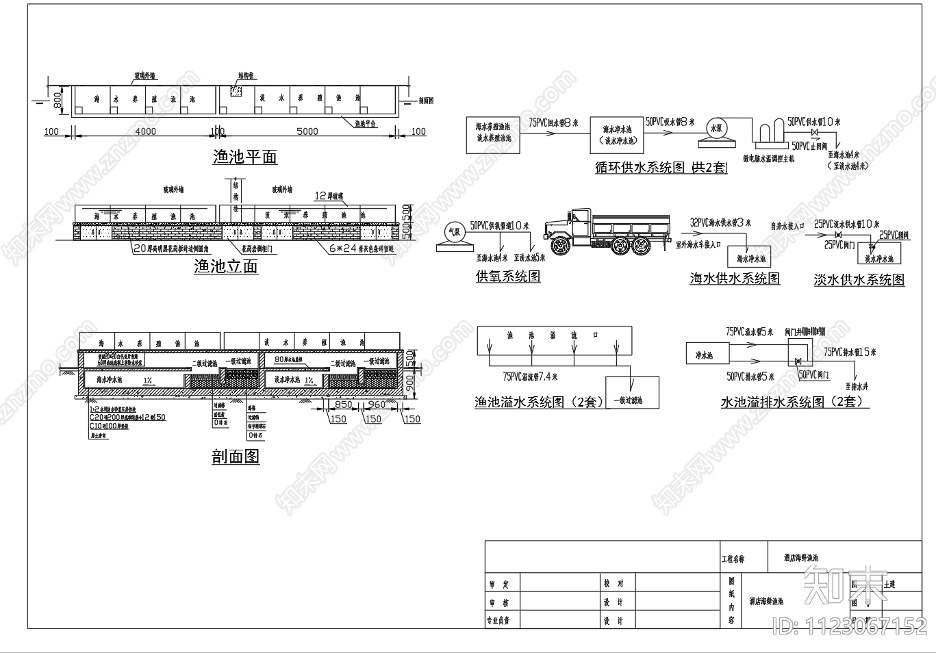 酒店海鲜池淡水海水养殖鱼池平剖立面循环系统示意图施工图下载【ID:1123067152】