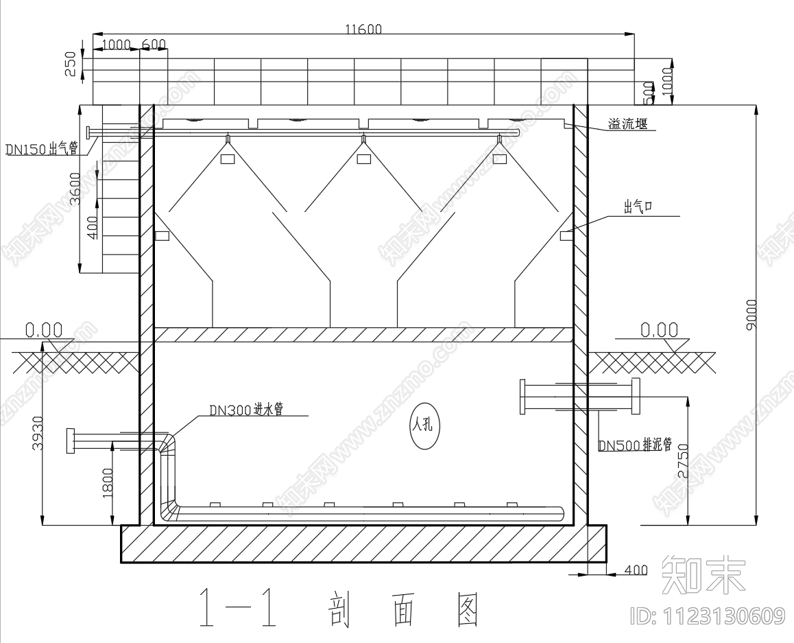 uasb反应池平面剖面三视图设计CAD图纸cad施工图下载【ID:1123130609】