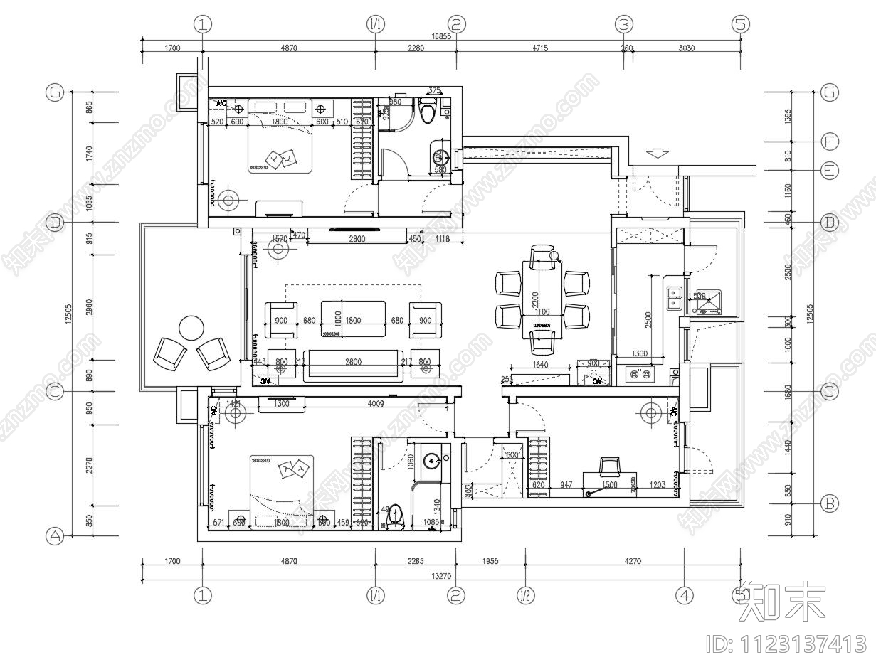 现代平层平立剖家装施工图全套cad施工图下载【ID:1123137413】