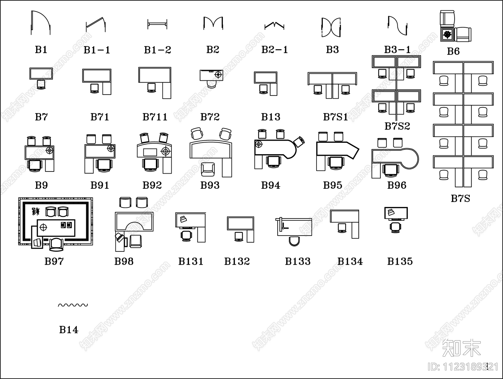 现代CAD平面家具图块cad施工图下载【ID:1123189321】