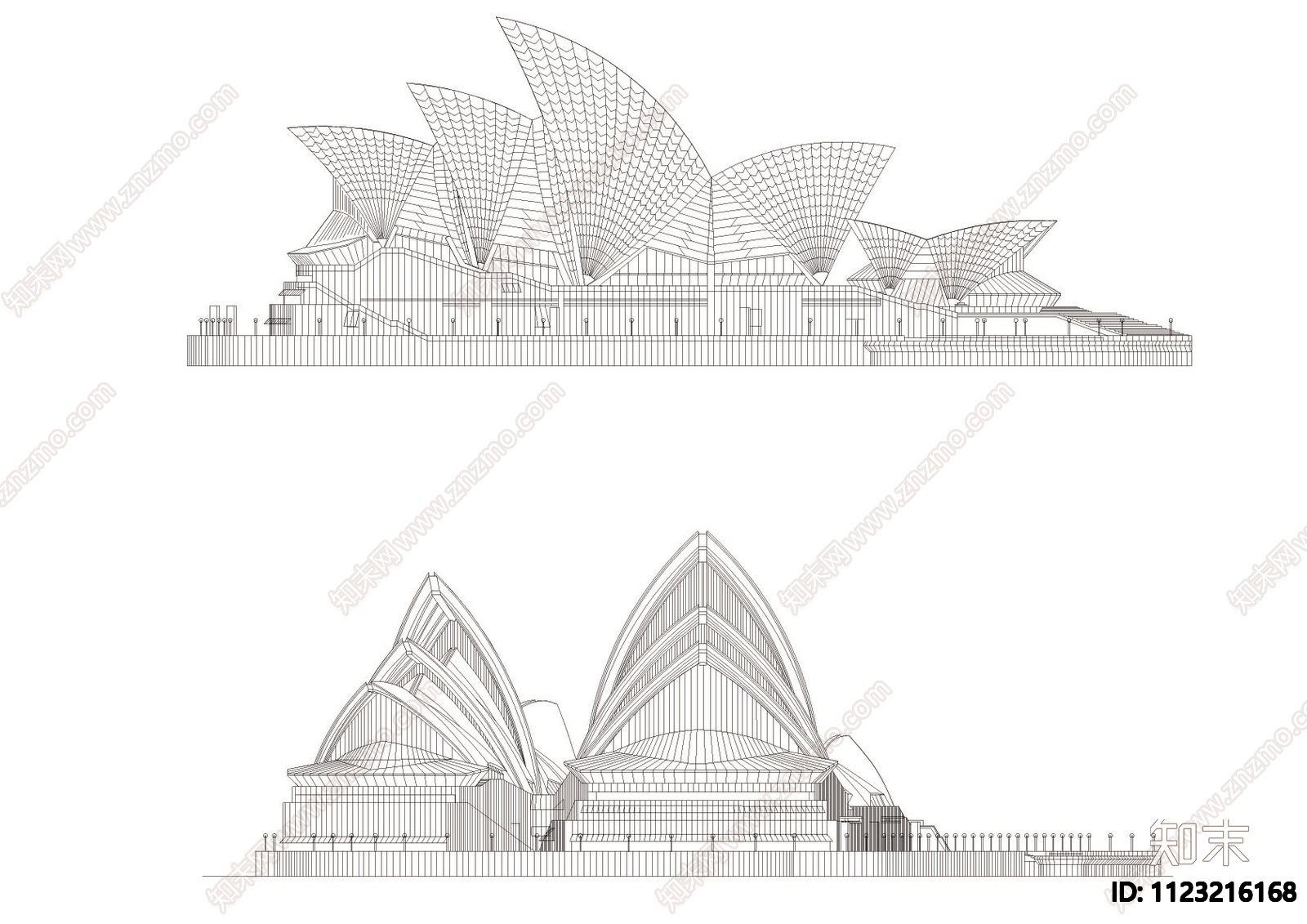 悉尼歌剧院平立面图施工图下载【ID:1123216168】