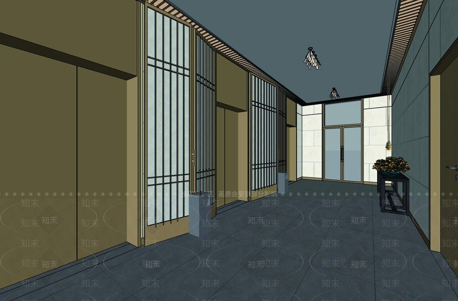 新中式酒店电梯厅SU模型下载【ID:1123241793】
