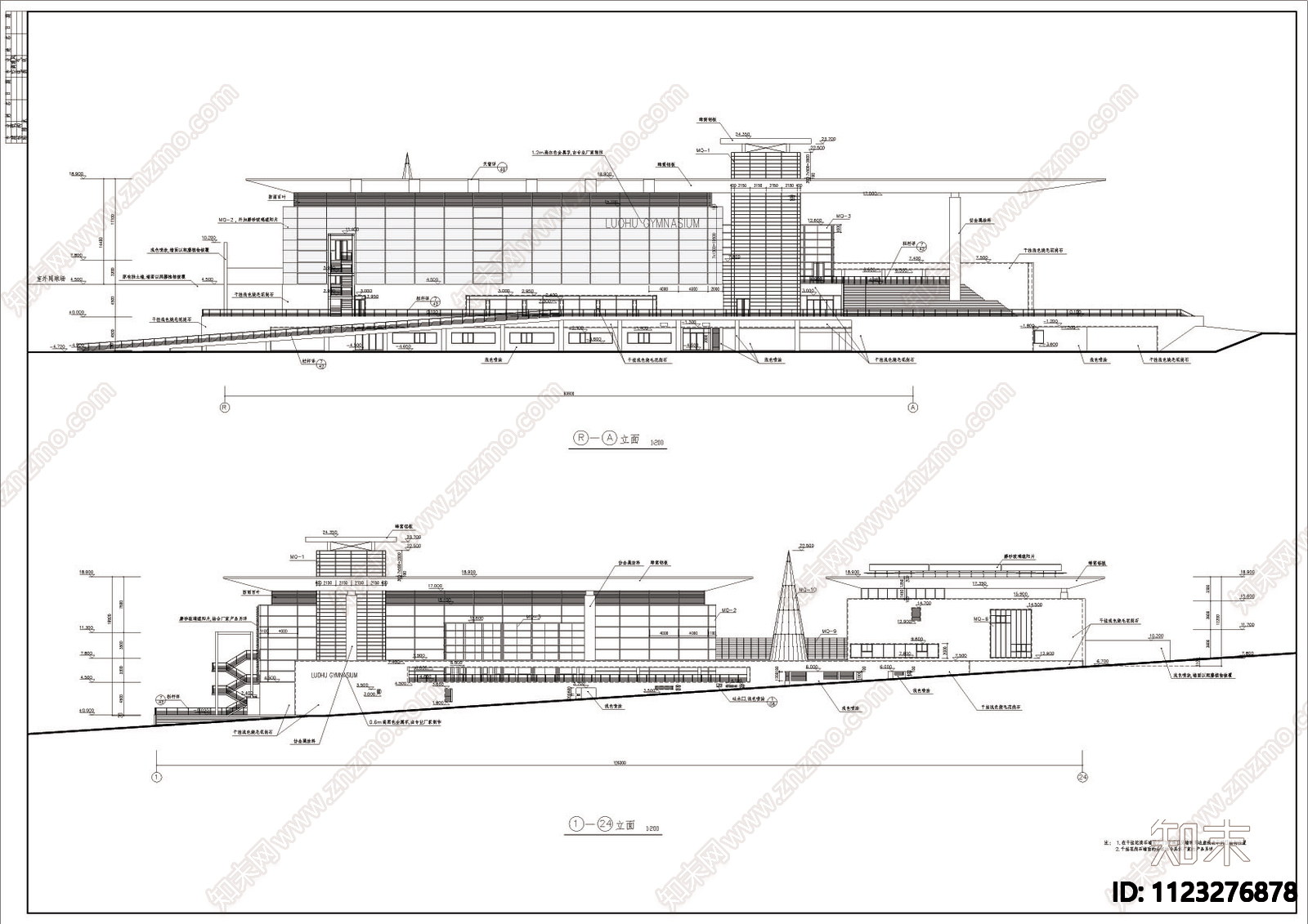 某体育馆全套建筑图cad施工图下载【ID:1123276878】