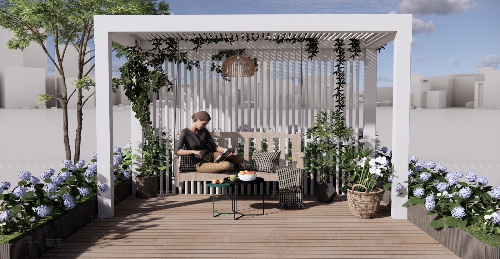 现代休闲廊架秋千SU模型下载【ID:1123283099】