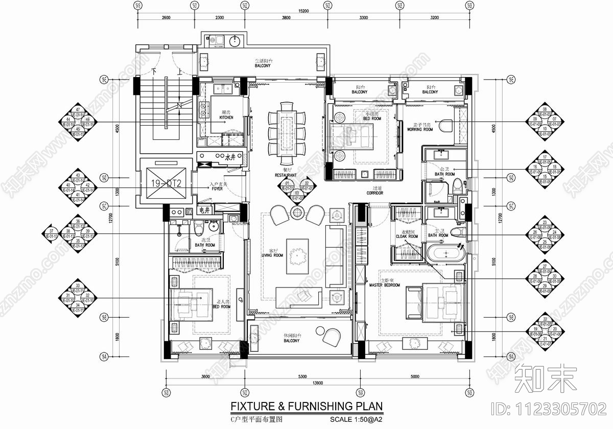 190㎡大平层cad施工图下载【ID:1123305702】