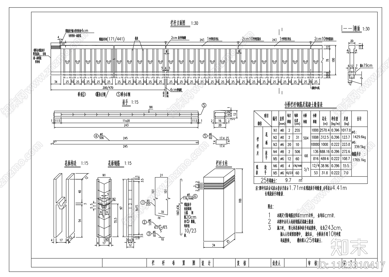 人行道栏杆桥梁混凝土栏杆构造施工图下载【ID:1123310417】