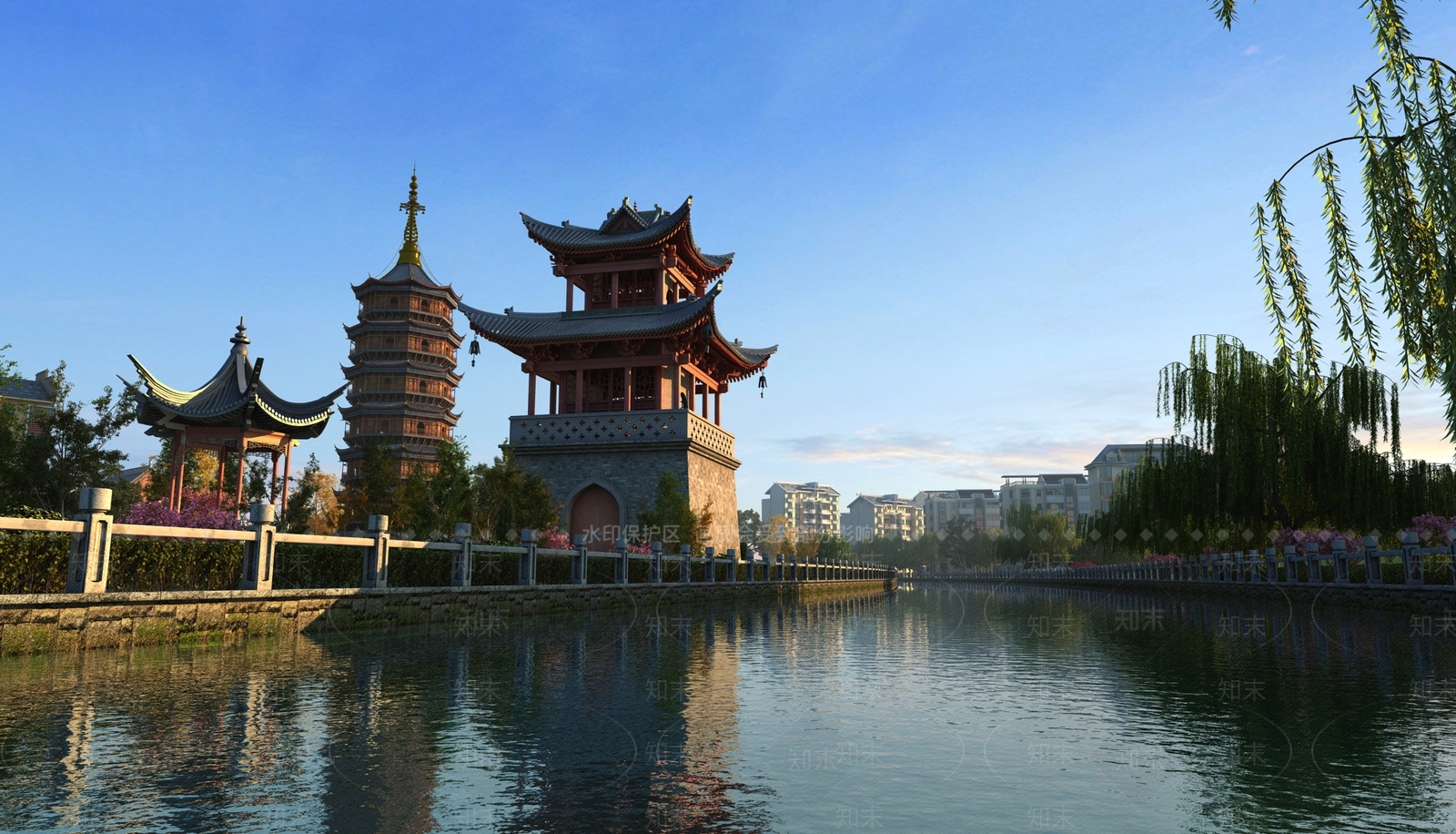 中式河道景观3D模型下载【ID:1123346352】