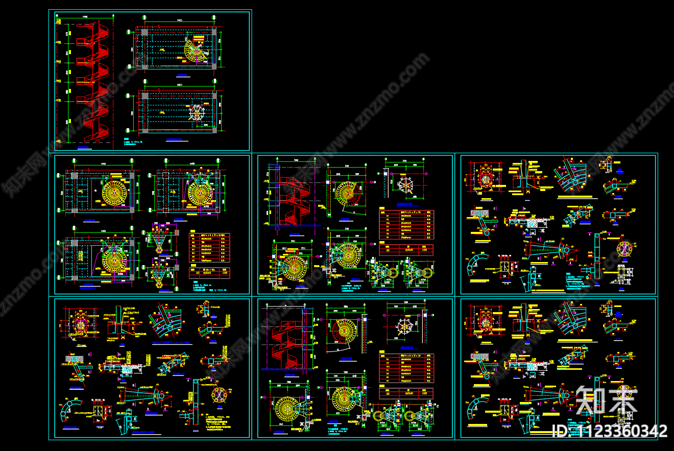多层旋转钢楼梯立面钢结构节点设计CAD图施工图下载【ID:1123360342】