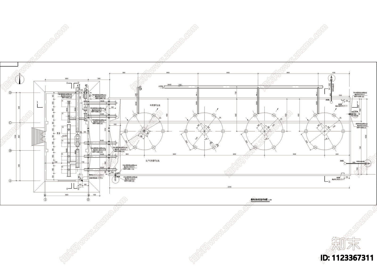 冷却循环水泵房CAD机械图施工图下载【ID:1123367311】