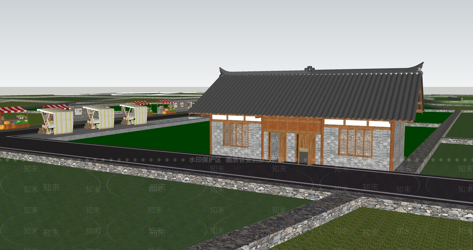 新中式乡村田园集市SU模型下载【ID:1123370366】