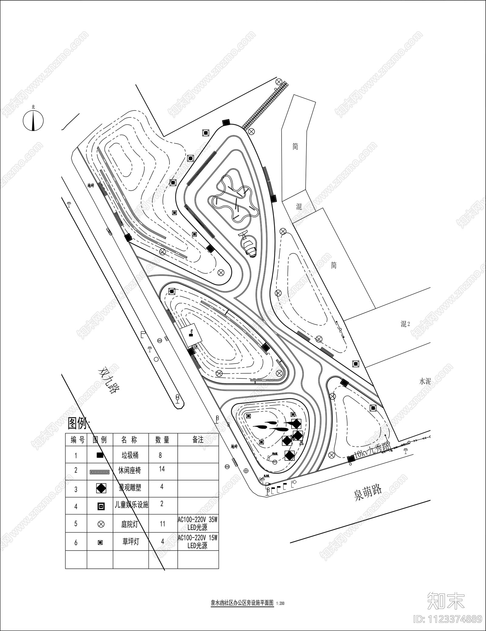 社区公园设计平面图cad施工图下载【ID:1123374889】