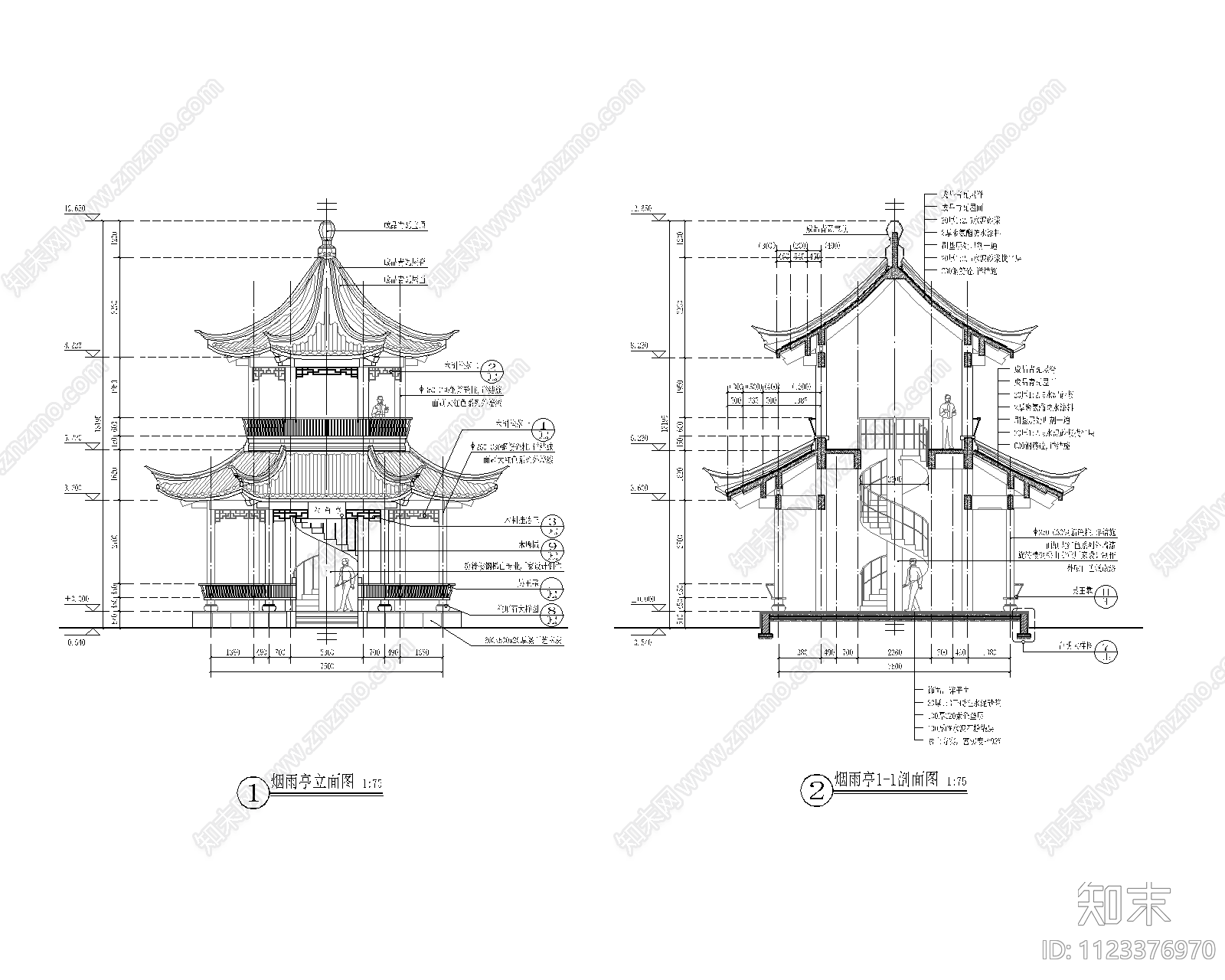 六角亭两层古建亭子施工图下载【ID:1123376970】