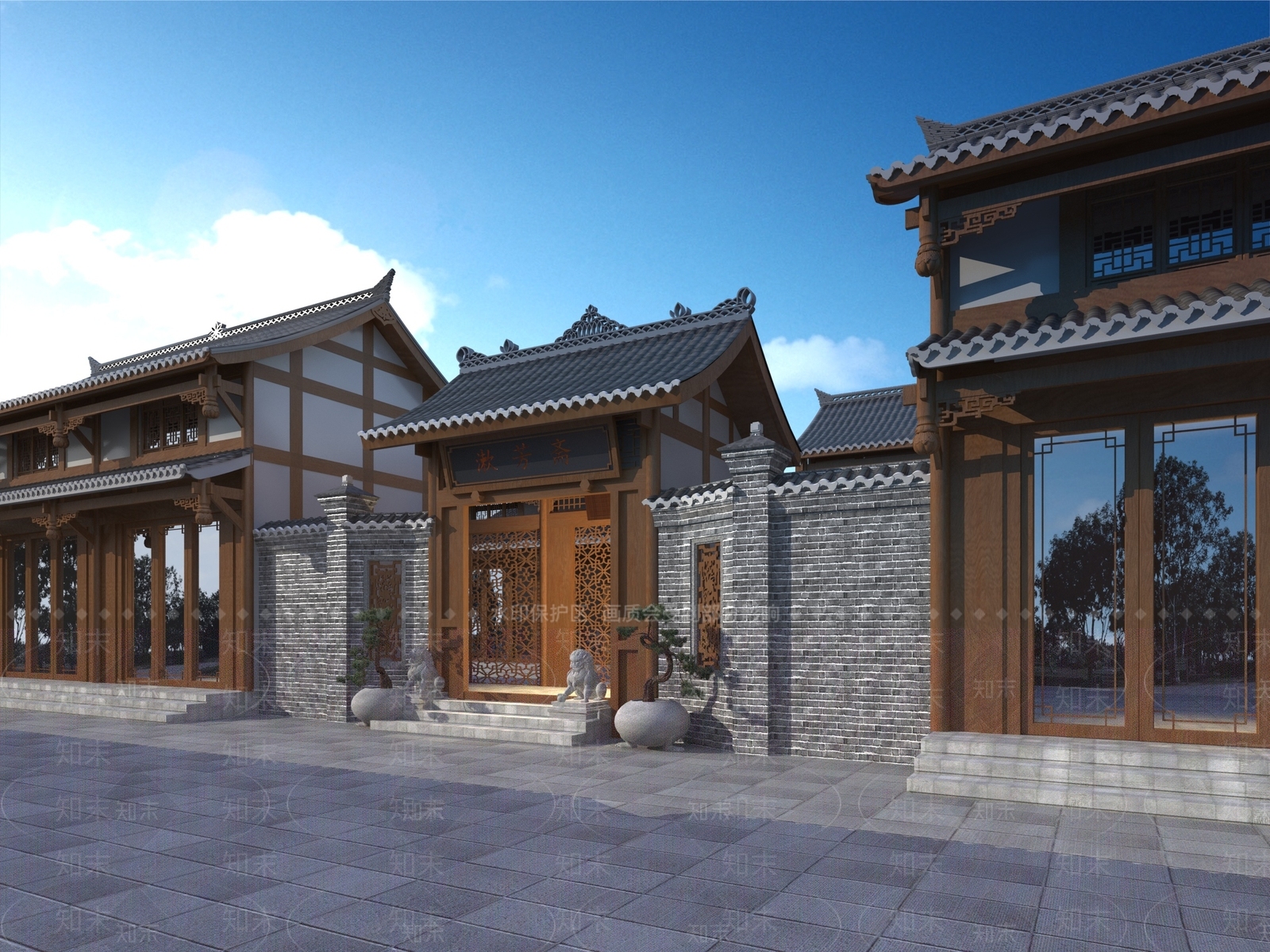 中式住宅入口大门3D模型下载【ID:1123377177】
