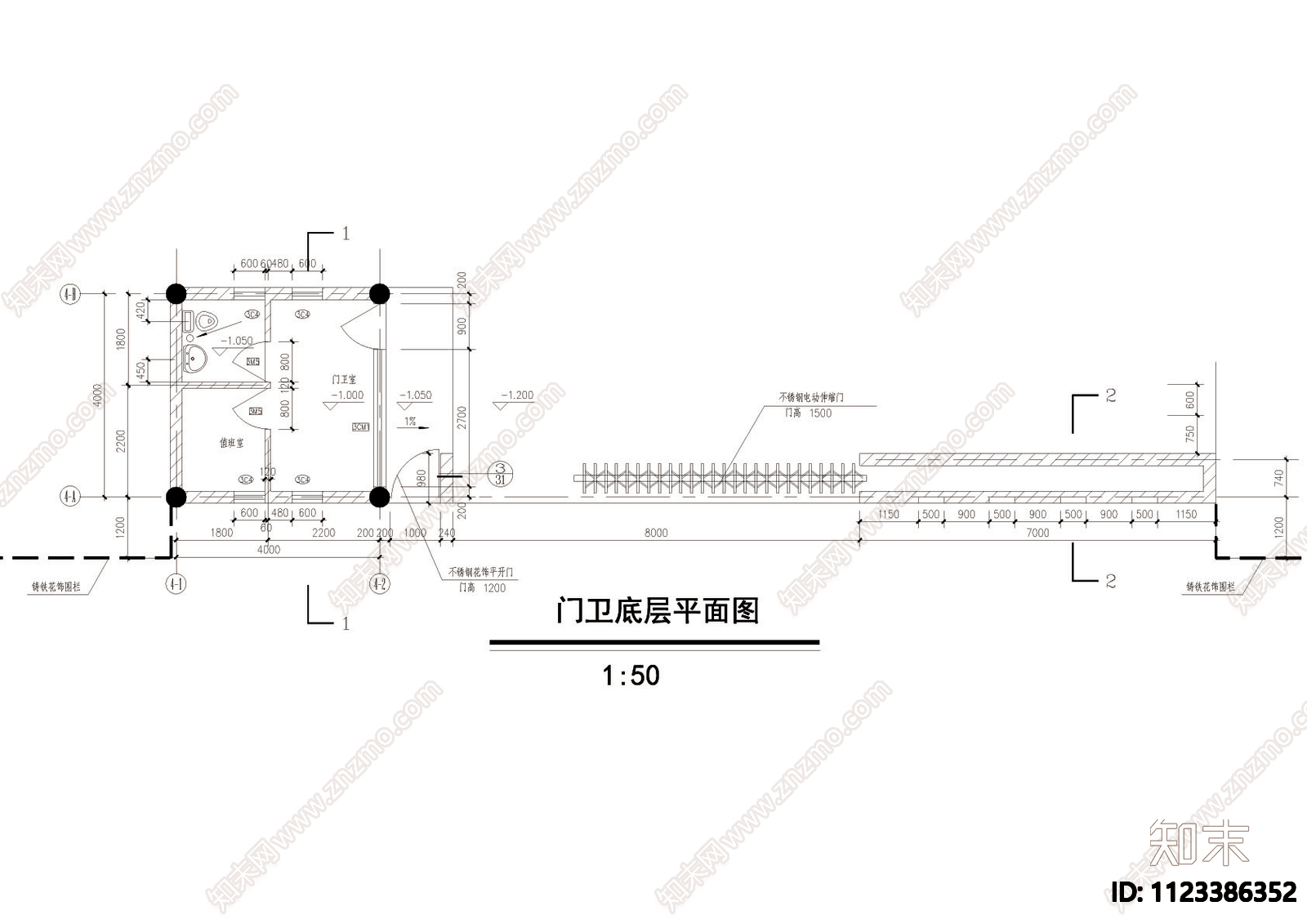 山庄入口大门及仿古门卫详图cad施工图下载【ID:1123386352】