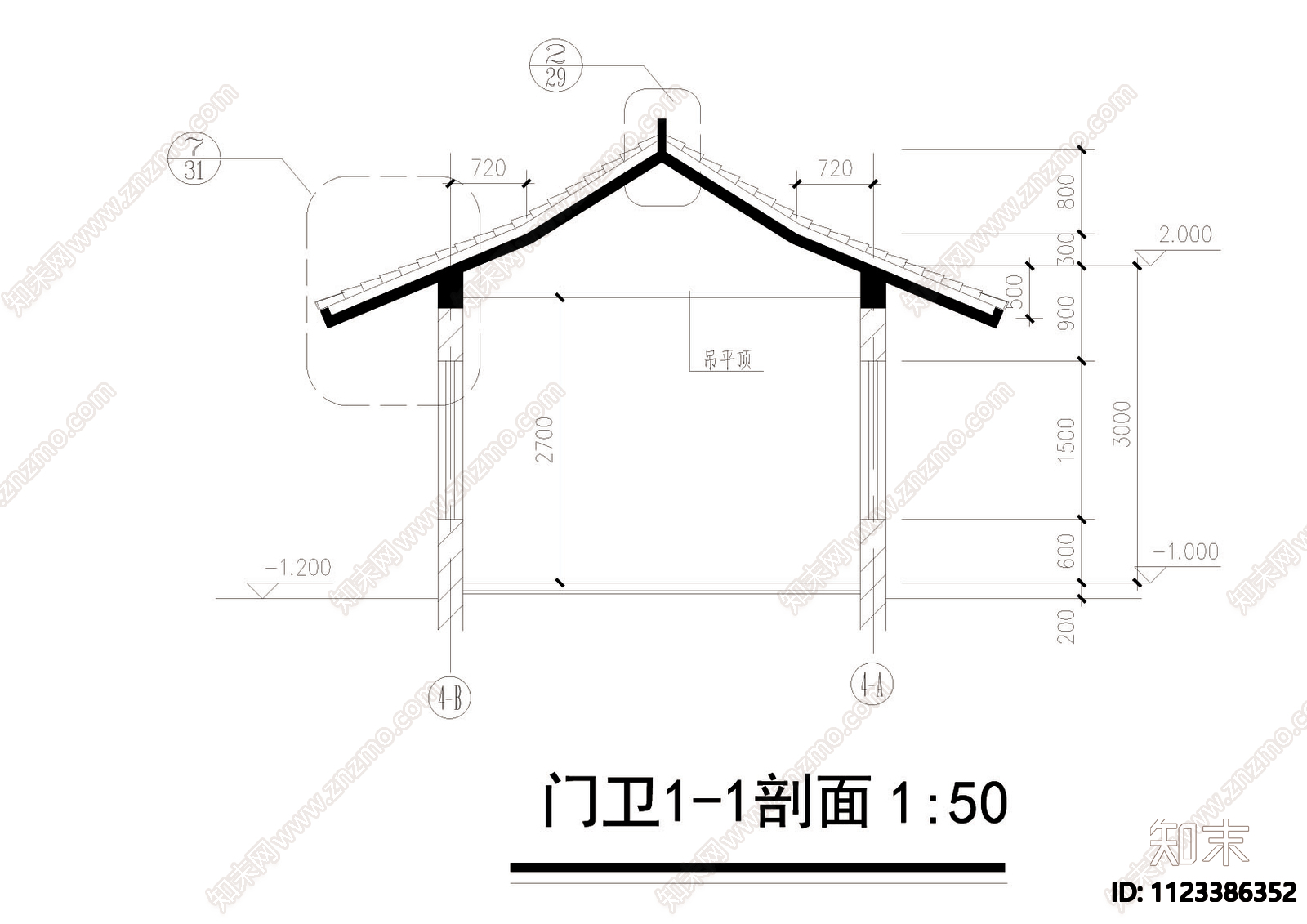 山庄入口大门及仿古门卫详图cad施工图下载【ID:1123386352】