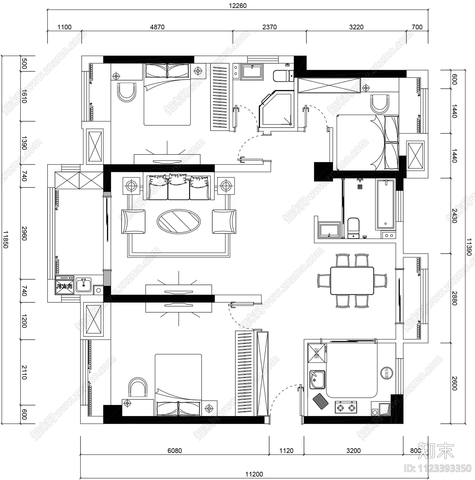 新中式三室一厅样板间设计cad施工图下载【ID:1123393350】