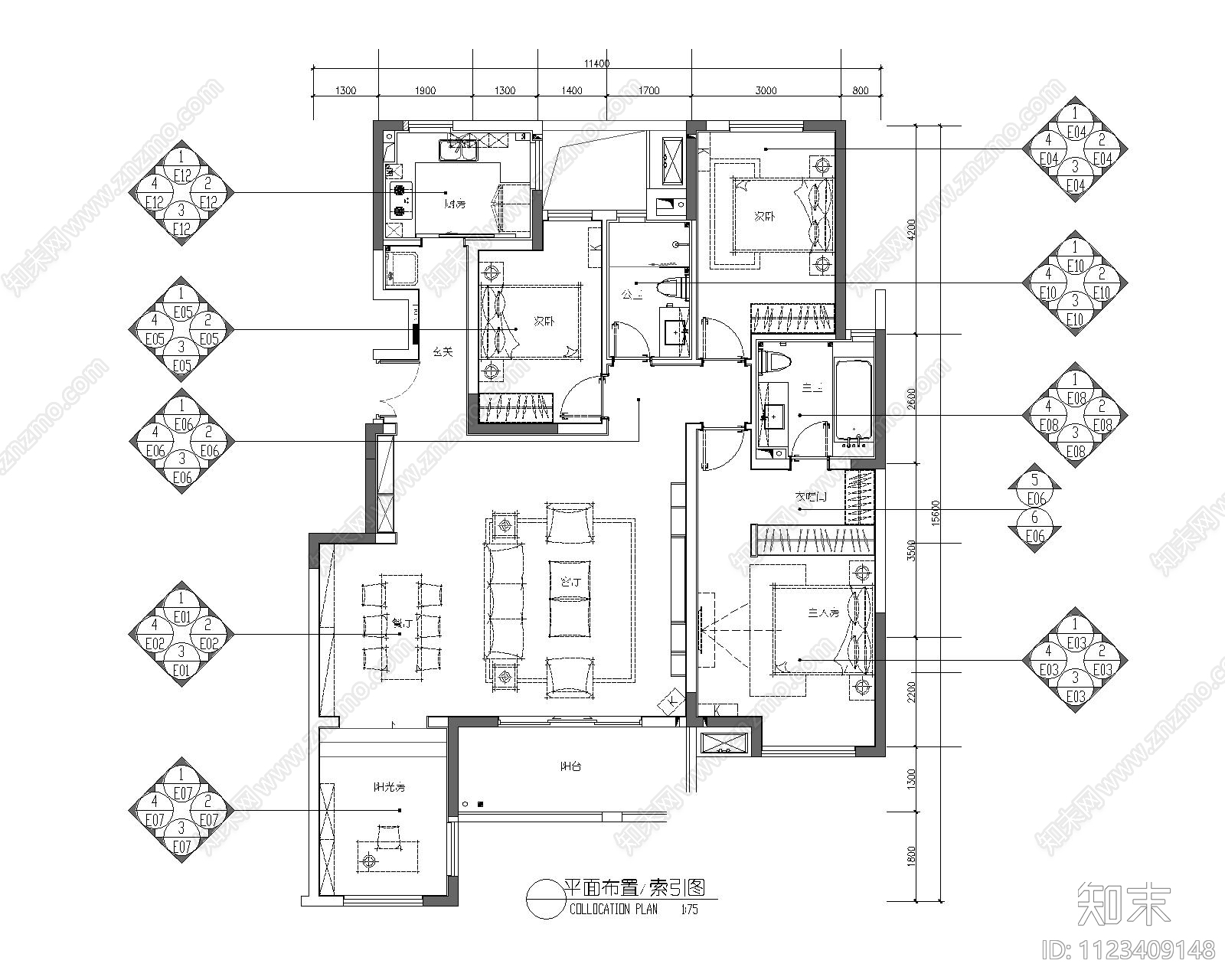 样板间平面图施工图下载【ID:1123409148】