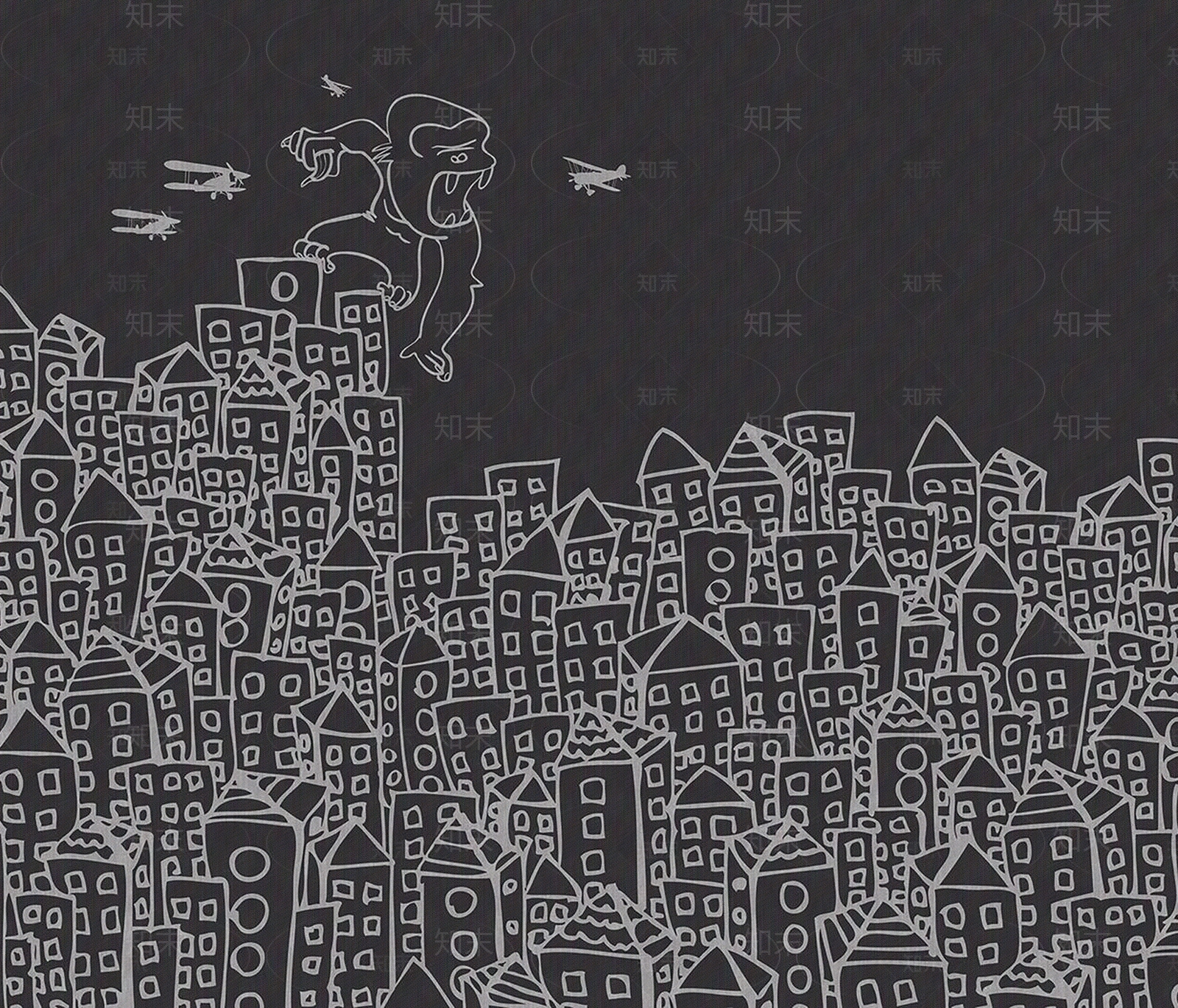 黑白卡通猩猩大战儿童壁画贴图下载【ID:1123430236】