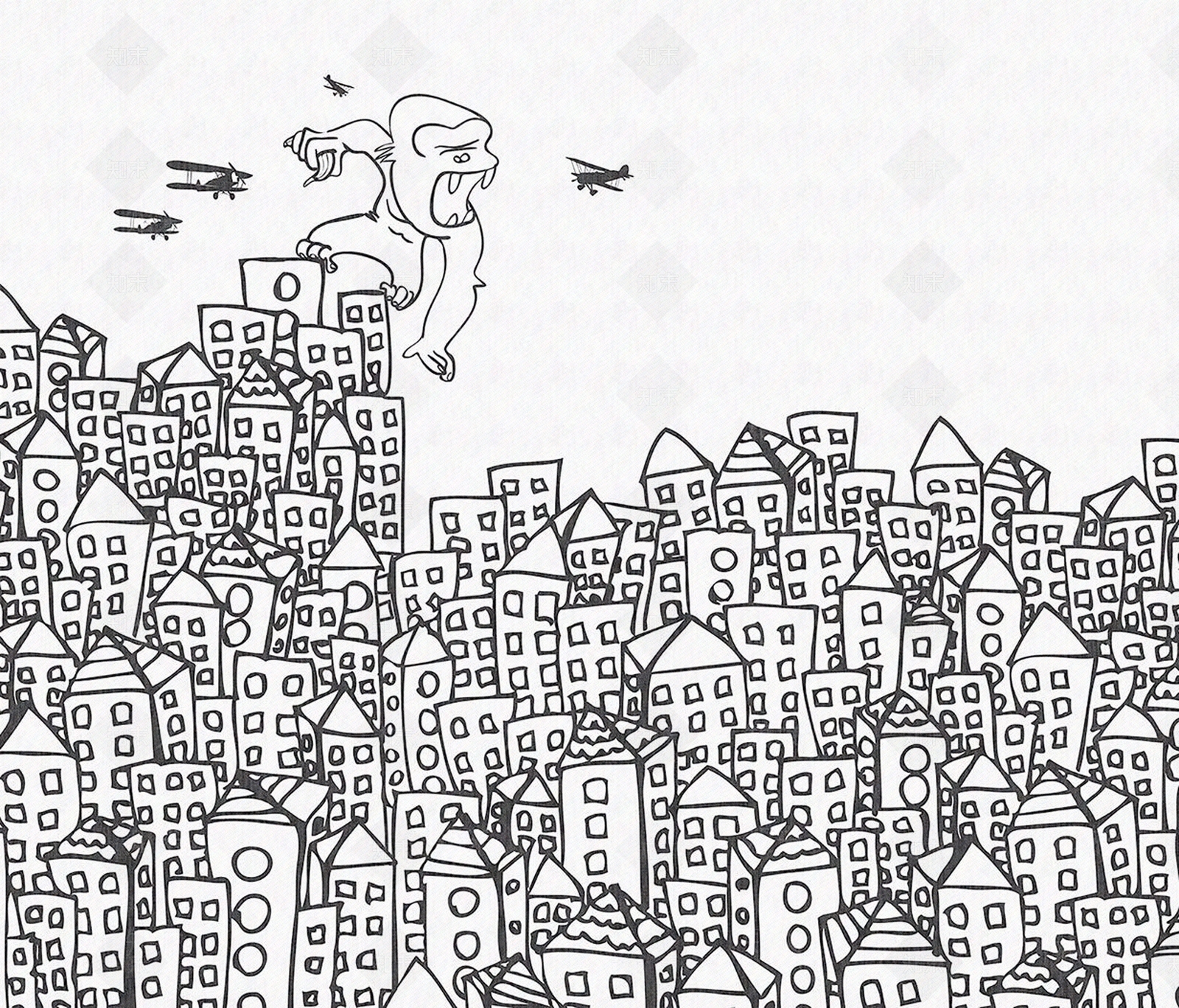 黑白卡通猩猩大战儿童壁画贴图下载【ID:1123430298】