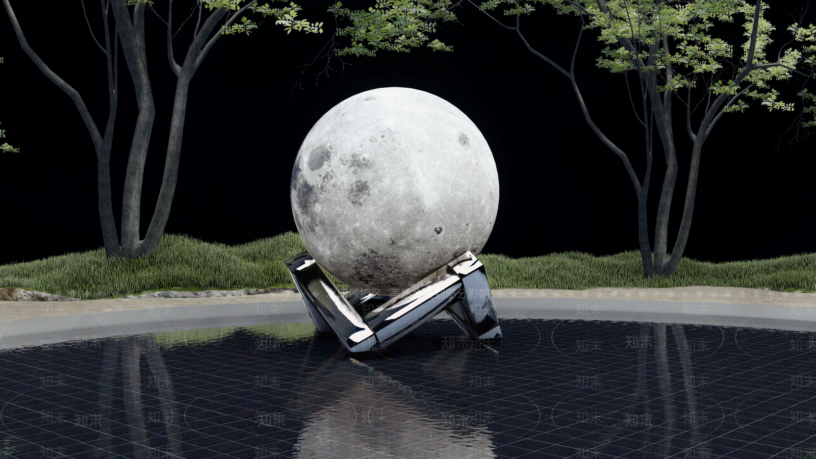 现代月球水景雕塑小品SU模型下载【ID:1123452005】