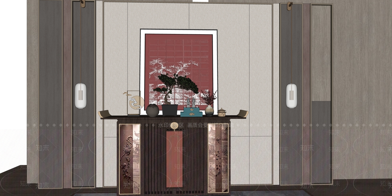 新中式端景条案SU模型下载【ID:1123462961】