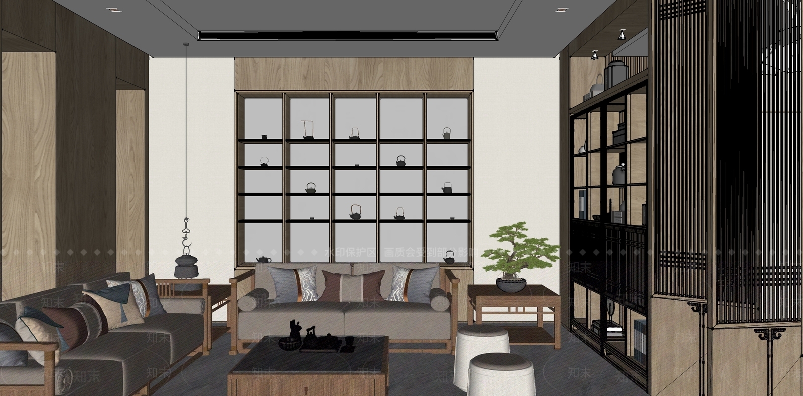新中式家居茶室SU模型下载【ID:1123468486】_知末su模型网