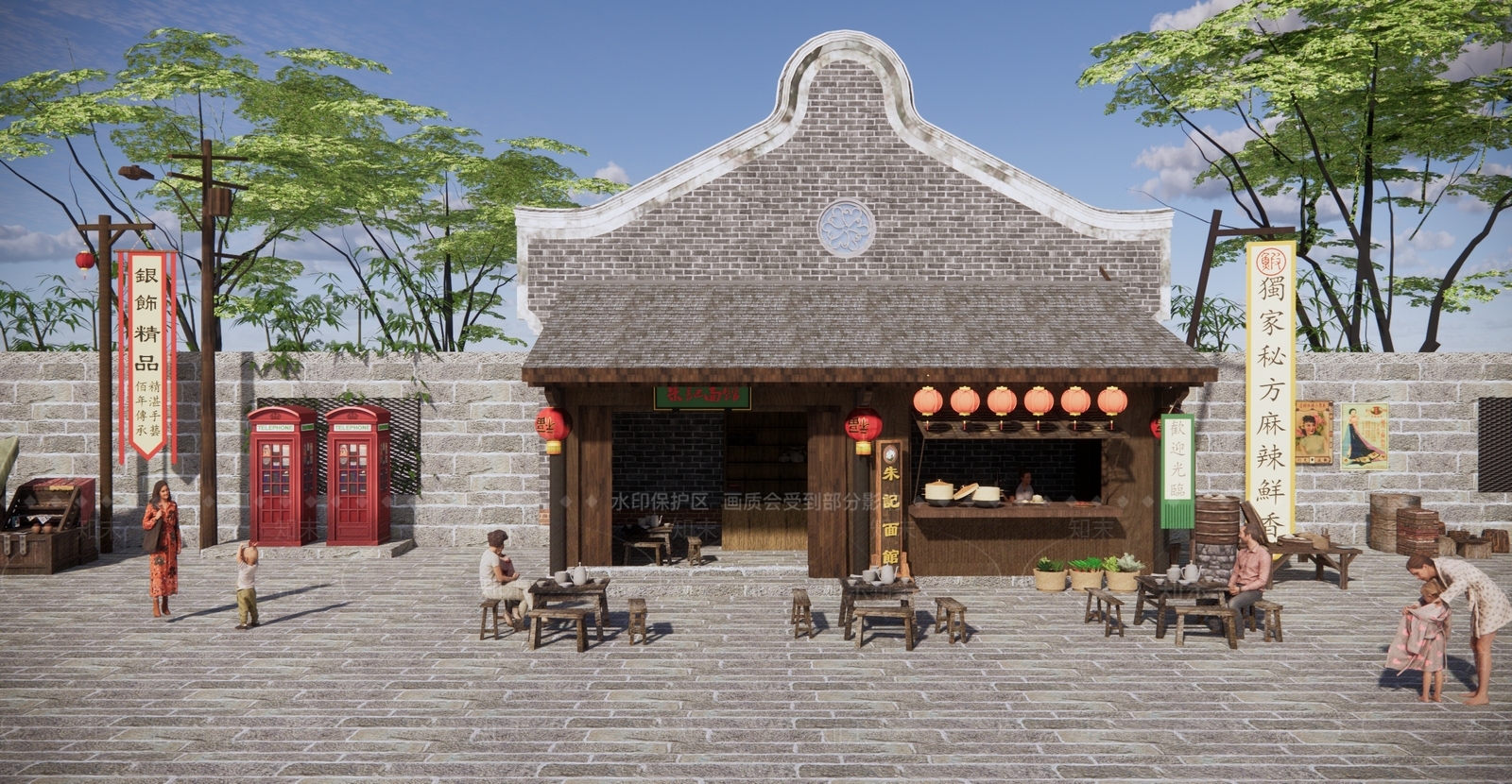 中式古镇面馆店铺SU模型下载【ID:1123468617】