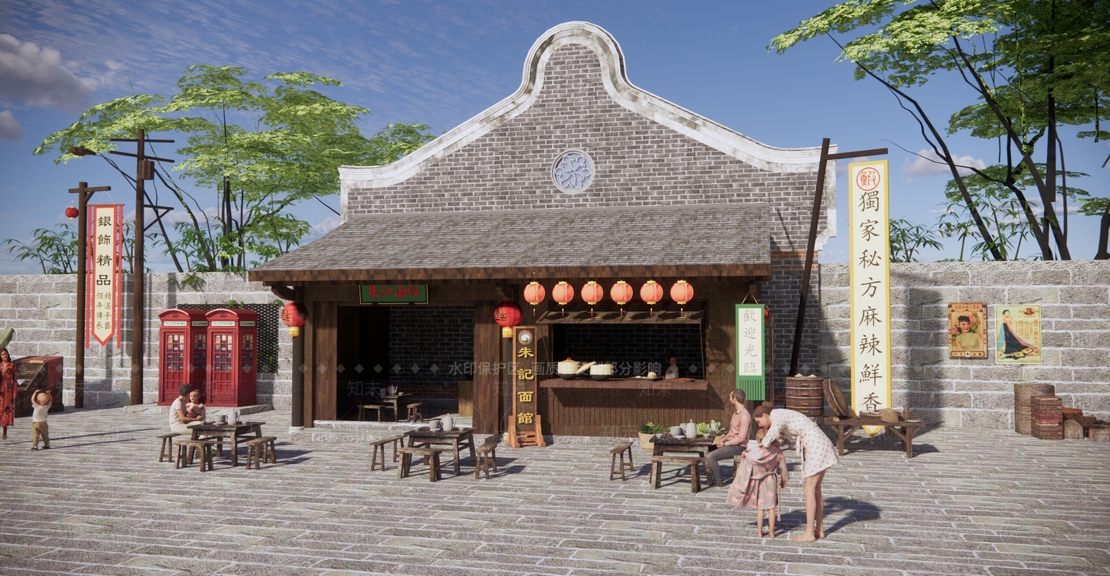 中式古镇面馆店铺SU模型下载【ID:1123468617】