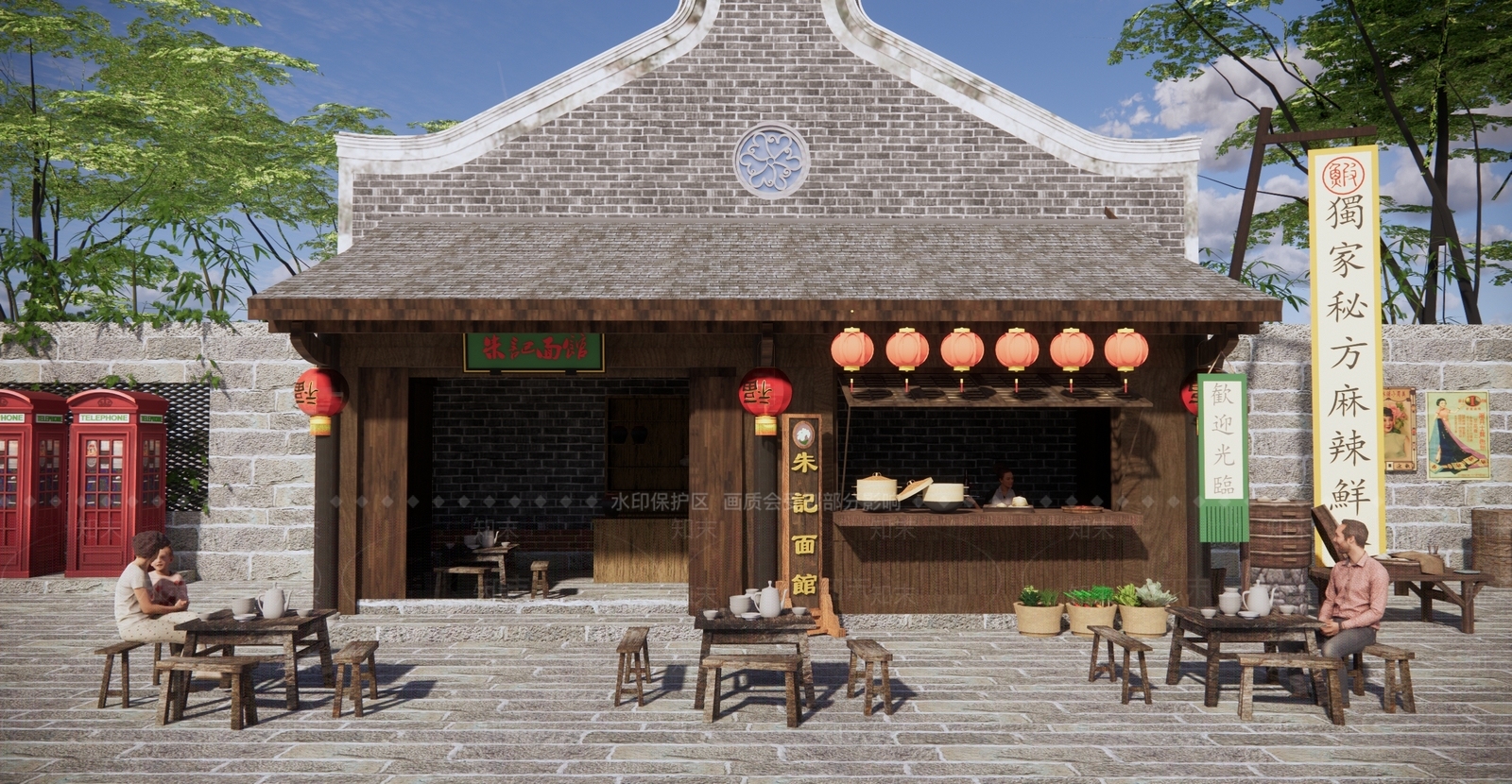 中式古镇面馆店铺SU模型下载【ID:1123468617】