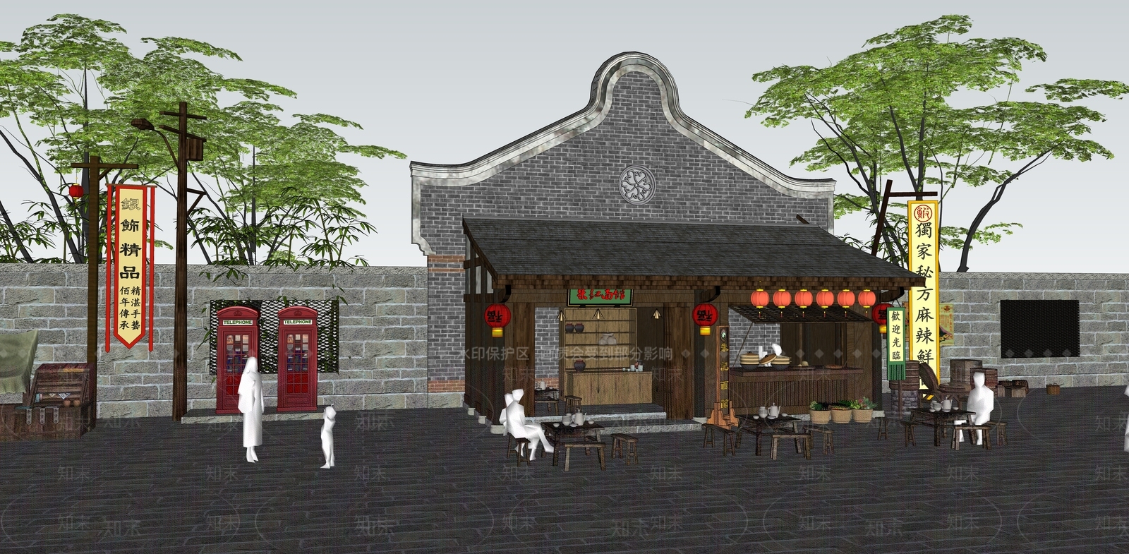 中式古镇面馆店铺SU模型下载【ID:1123468617】